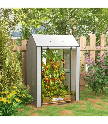 Outsunny Mini Greenhouse with Shelves and Roll Up Door, 100x80x150cm, White