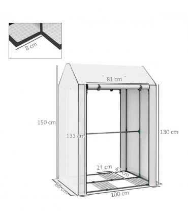 Outsunny Mini Greenhouse with Shelves and Roll Up Door, 100x80x150cm, White