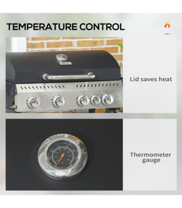 Outsunny 4+1 Burner Propane Gas Barbecue Grill with Thermometer, Bottle Opener