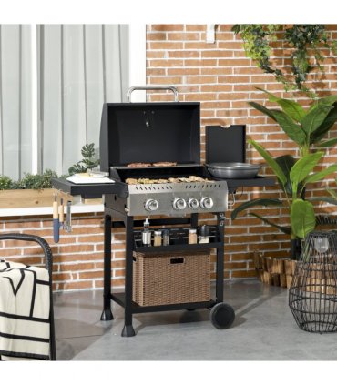 Outsunny 3+1 Burner Propane Gas Barbecue Grill with Thermometer, Bottle Opener