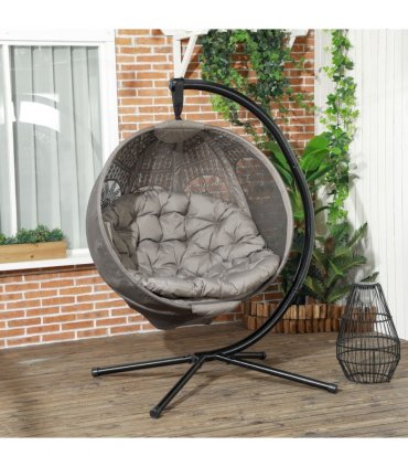 Outsunny Hanging Swing Chair w/ Metal Stand & Side Pocket, Sand