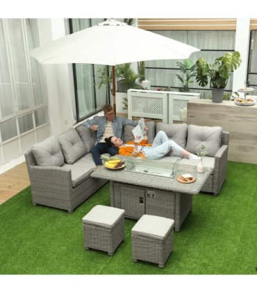 Outsunny 5 PCs Outdoor PE Rattan L-Shape Sofa Footstool Fire Pit Table Set