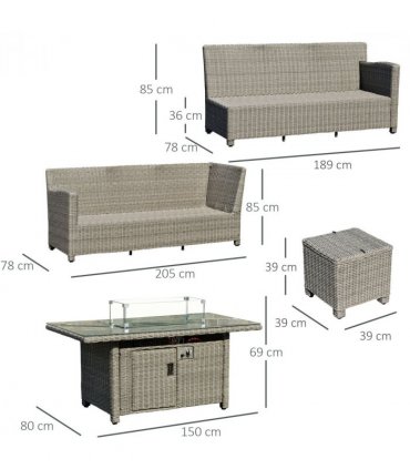 Outsunny 5 PCs Outdoor PE Rattan L-Shape Sofa Footstool Fire Pit Table Set
