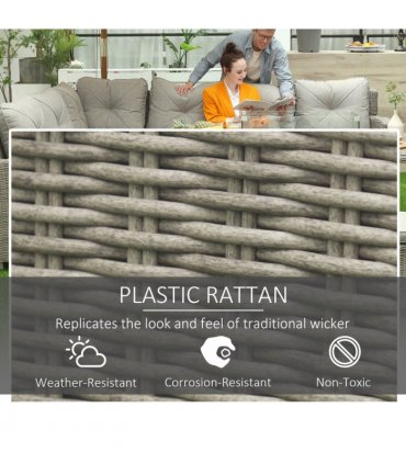 Outsunny 5 PCs Outdoor PE Rattan L-Shape Sofa Footstool Fire Pit Table Set
