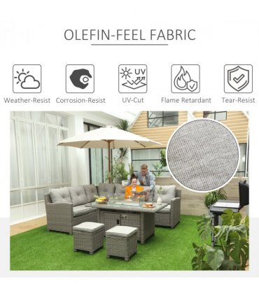 Outsunny 5 PCs Outdoor PE Rattan L-Shape Sofa Footstool Fire Pit Table Set