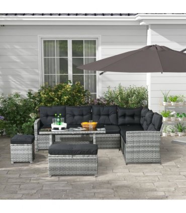 Outsunny 5 PCs Rattan Garden Furniture Set with Stools, Table, Cushion, Grey