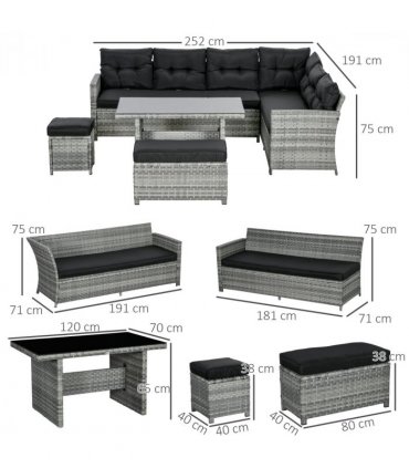 Outsunny 5 PCs Rattan Garden Furniture Set with Stools, Table, Cushion, Grey