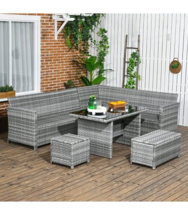 Outsunny 5 PCs Rattan Garden Furniture Set with Stools, Table, Cushion, Grey