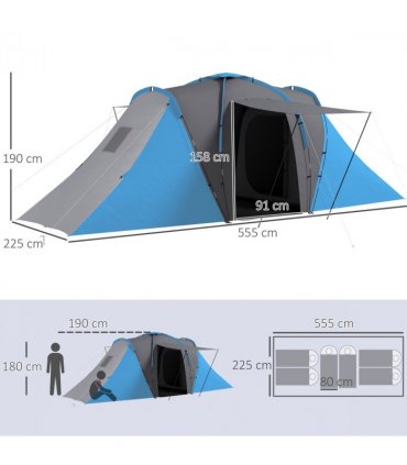 Outsunny 4-6 Man Camping Tent with 2 Bedroom and Living Area, Grey and Blue