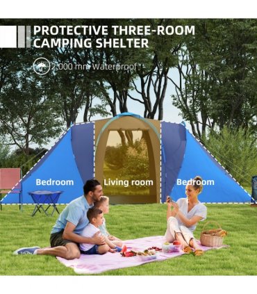 Outsunny 4-6 Man Camping Tent with 2 Bedroom and Living Area, Grey and Blue