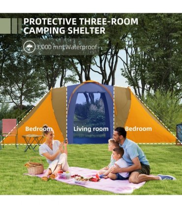 Outsunny 4-6 Man Camping Tent with 2 Bedroom and Living Area, Grey and Orange