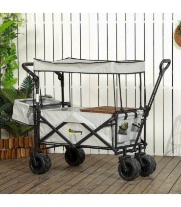 Outsunny Outdoor Push Pull Wagon Stroller Cart with Canopy Top Grey