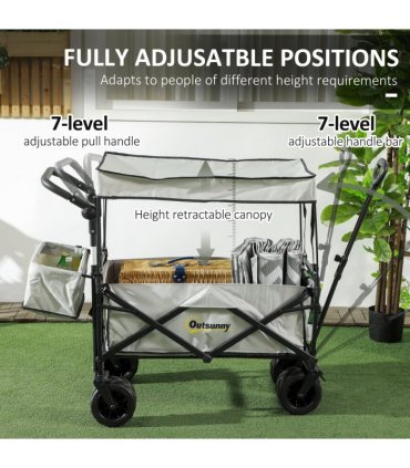 Outsunny Outdoor Push Pull Wagon Stroller Cart with Canopy Top Grey