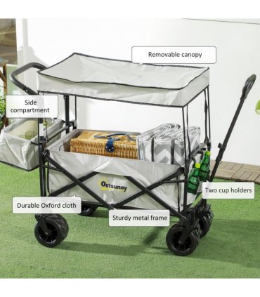 Outsunny Outdoor Push Pull Wagon Stroller Cart with Canopy Top Grey