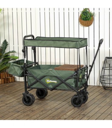 Outsunny Outdoor Push Pull Wagon Stroller Cart with Canopy Top Green