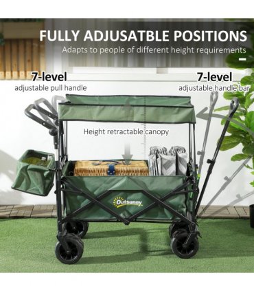Outsunny Outdoor Push Pull Wagon Stroller Cart with Canopy Top Green