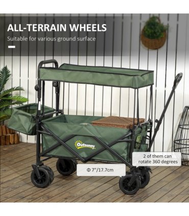Outsunny Outdoor Push Pull Wagon Stroller Cart with Canopy Top Green