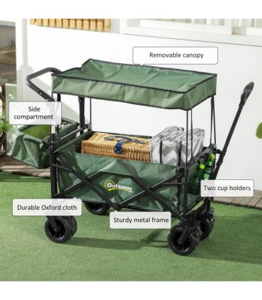 Outsunny Outdoor Push Pull Wagon Stroller Cart with Canopy Top Green