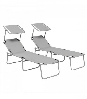 Outsunny Outdoor Foldable Sun Lounger Set of 2, Light Grey