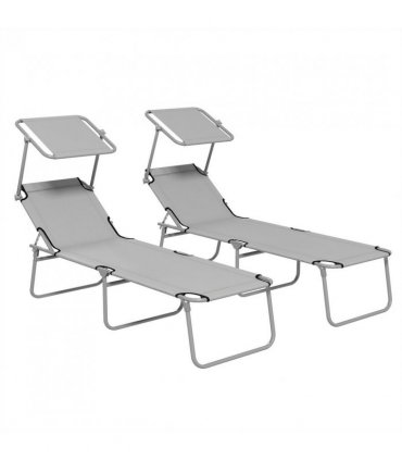 Outsunny Outdoor Foldable Sun Lounger Set of 2, Light Grey