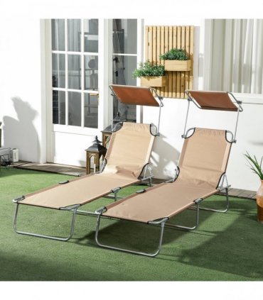 Outsunny Folding Sun Lounger Set of 2 with Sunshade Adjustable Backrest Brown