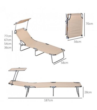 Outsunny Folding Sun Lounger Set of 2 with Sunshade Adjustable Backrest Brown