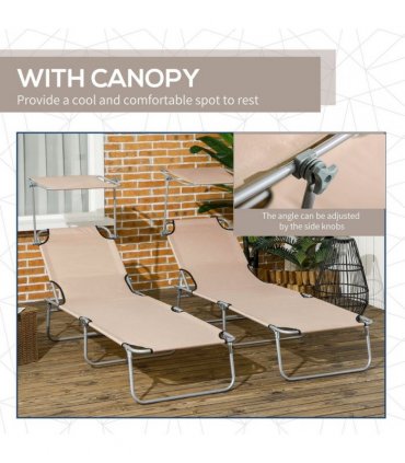 Outsunny Folding Sun Lounger Set of 2 with Sunshade Adjustable Backrest Brown