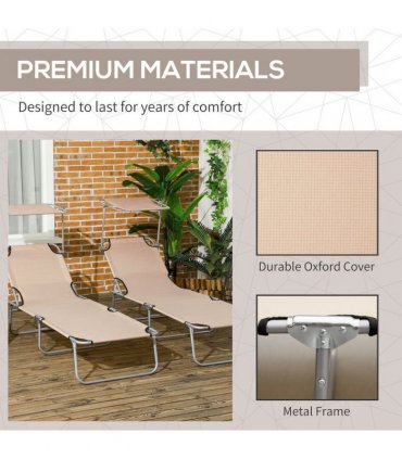 Outsunny Folding Sun Lounger Set of 2 with Sunshade Adjustable Backrest Brown