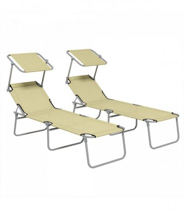 Outsunny Folding Sun Lounger Set of 2 with Sunshade Adjustable Backrest Beige