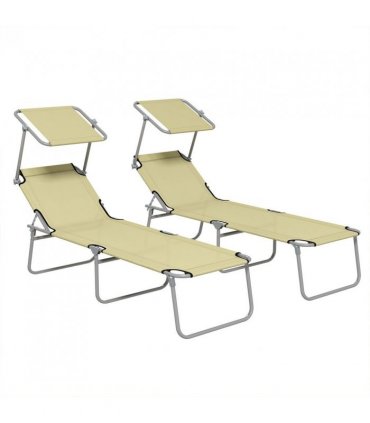 Outsunny Folding Sun Lounger Set of 2 with Sunshade Adjustable Backrest Beige