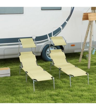 Outsunny Folding Sun Lounger Set of 2 with Sunshade Adjustable Backrest Beige