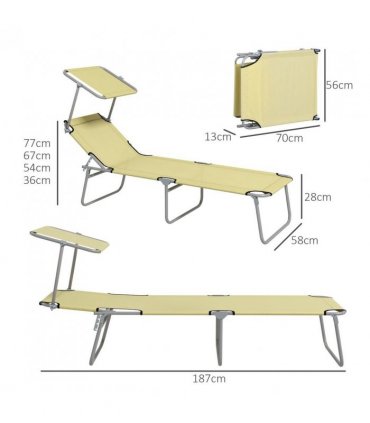 Outsunny Folding Sun Lounger Set of 2 with Sunshade Adjustable Backrest Beige