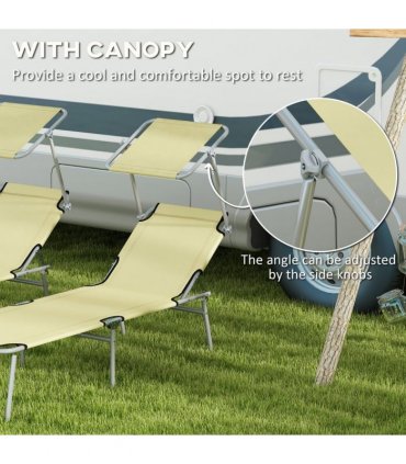 Outsunny Folding Sun Lounger Set of 2 with Sunshade Adjustable Backrest Beige