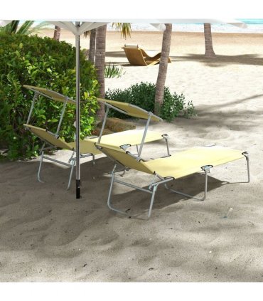 Outsunny Folding Sun Lounger Set of 2 with Sunshade Adjustable Backrest Beige