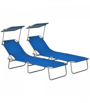 Outsunny Folding Sun Lounger Set of 2 with Sunshade Adjustable Backrest Blue