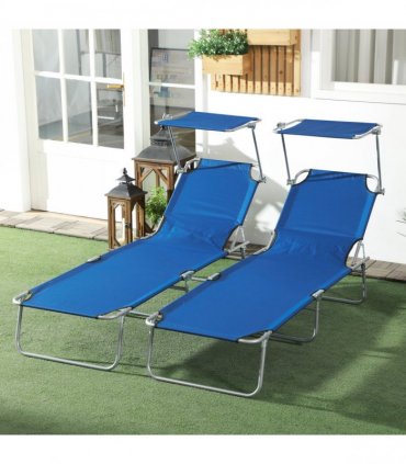 Outsunny Folding Sun Lounger Set of 2 with Sunshade Adjustable Backrest Blue