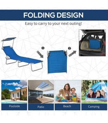 Outsunny Folding Sun Lounger Set of 2 with Sunshade Adjustable Backrest Blue