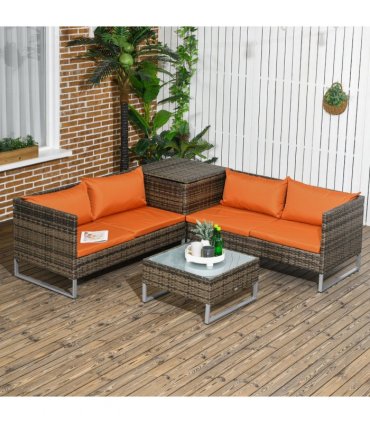 Outsunny 4Pcs Patio Rattan Sofa Garden Furniture Set with Table Cushions Orange