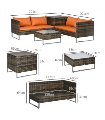 Outsunny 4Pcs Patio Rattan Sofa Garden Furniture Set with Table Cushions Orange