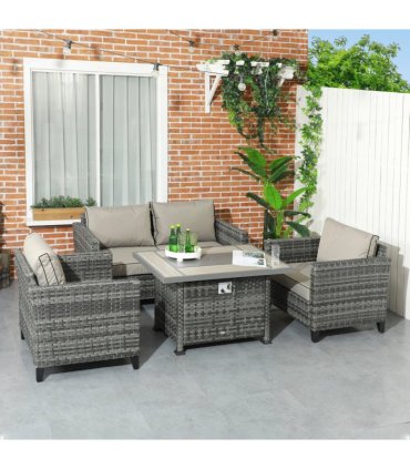 Outsunny 5 PCs Rattan Garden Furniture Set with Gas Fire Pit Table, Grey