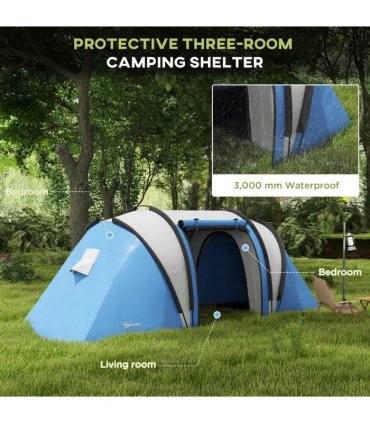 Outsunny 2 Bedroom Camping Tent with Living Area, 3000mm Waterproof, Blue