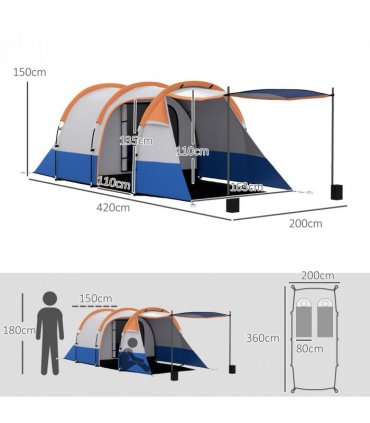 Outsunny 2-3 Man Camping Tunnel Tent with Bedroom and Living Room, Orange