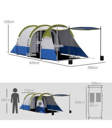 Outsunny 2-3 Man Camping Tunnel Tent with Bedroom and Living Room, Green