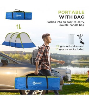Outsunny 2-3 Man Camping Tunnel Tent with Bedroom and Living Room, Green