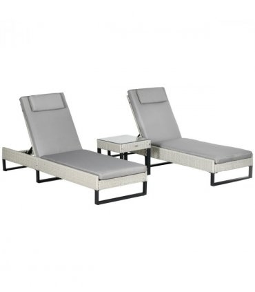 Outsunny Rattan Sun Lounger Set w/ Cushions, 5-Level Chaise Lounge Chairs, Grey