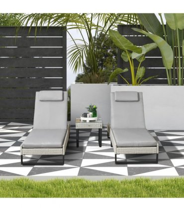 Outsunny Rattan Sun Lounger Set w/ Cushions, 5-Level Chaise Lounge Chairs, Grey