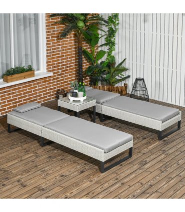 Outsunny Rattan Sun Lounger Set w/ Cushions, 5-Level Chaise Lounge Chairs, Grey