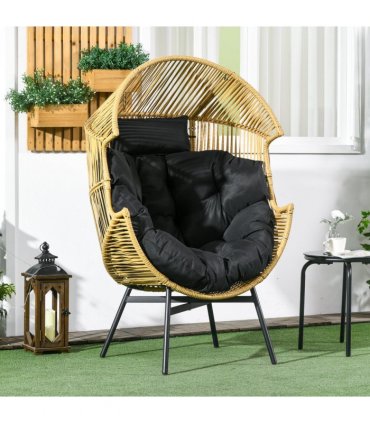 Outsunny Rattan Leisure Chair w/ Cushion, Garden Egg Chair with Headrest, Sand
