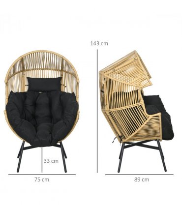 Outsunny Rattan Leisure Chair w/ Cushion, Garden Egg Chair with Headrest, Sand