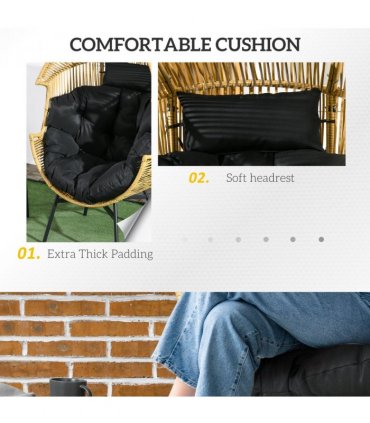 Outsunny Rattan Leisure Chair w/ Cushion, Garden Egg Chair with Headrest, Sand